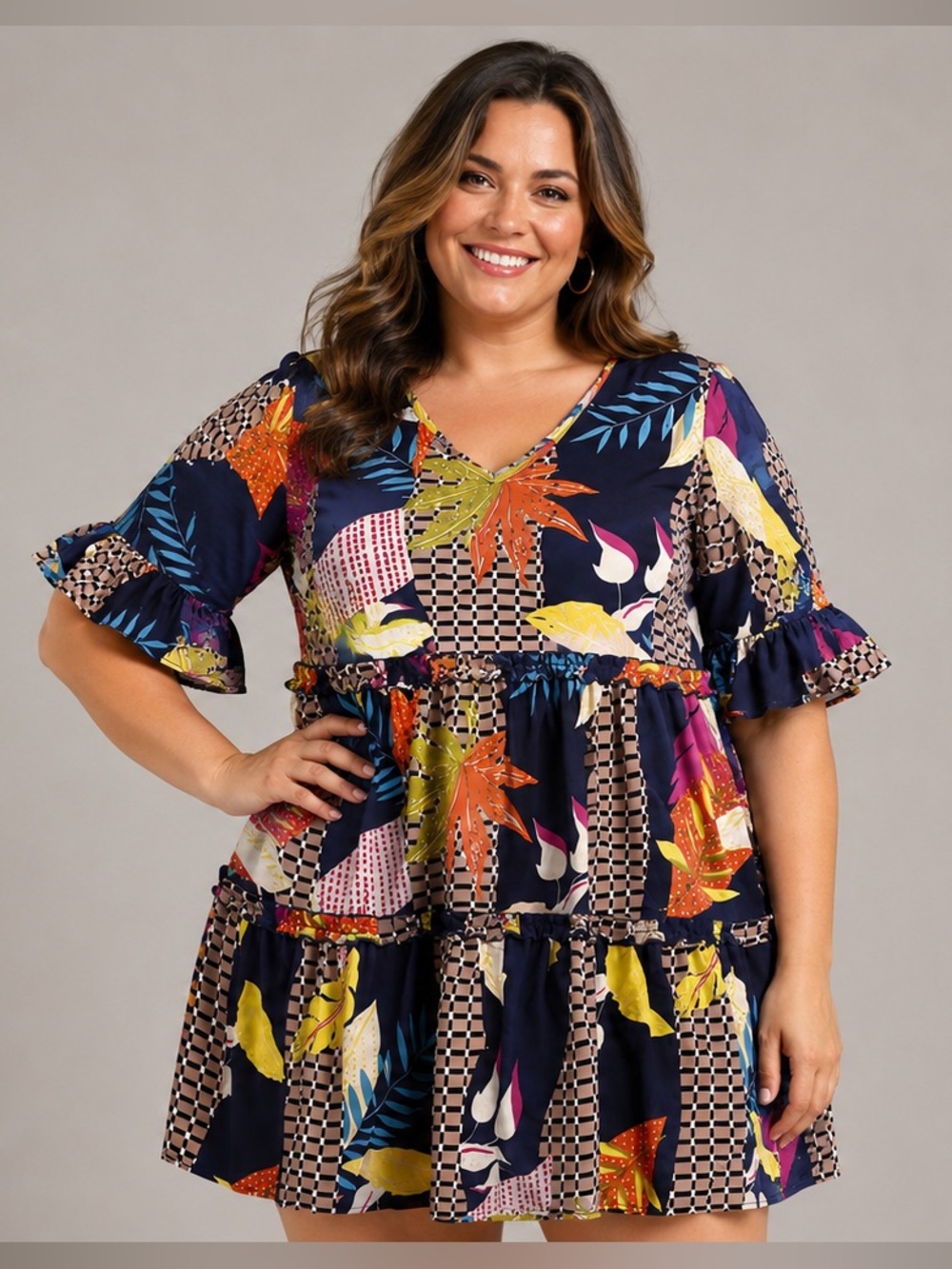 Funlingo Women's Boho Tiered Dress Size XL
Colorful Tropical Print